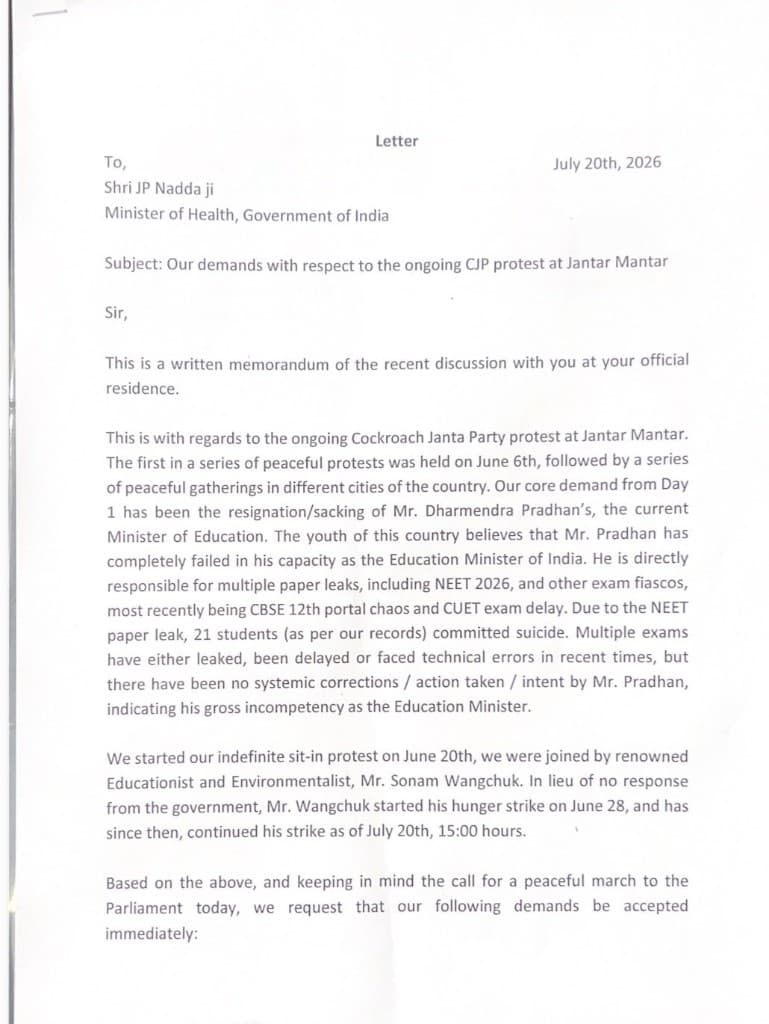 CJP demands letter to JP Nadda dated 20 July 2026, page 1